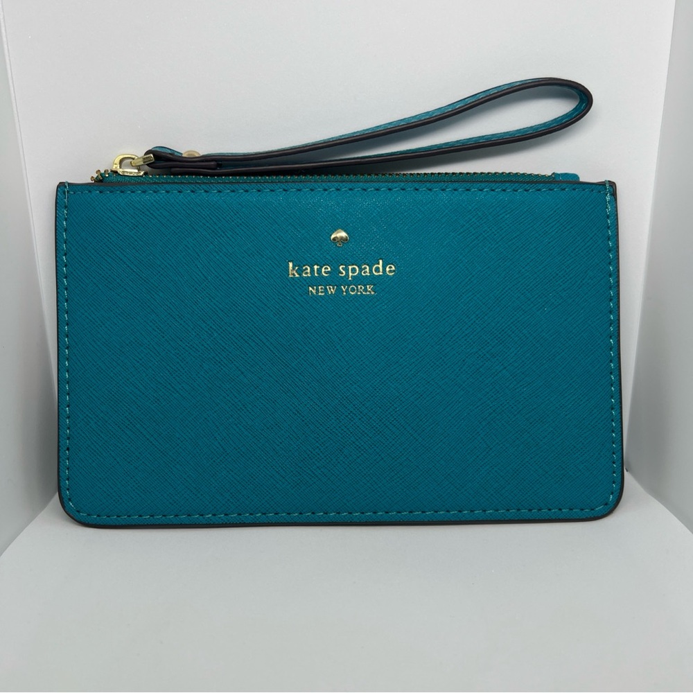 Kate Spade Wristlet Pouch Wallet Leather Teal Gold 8x5 Inches